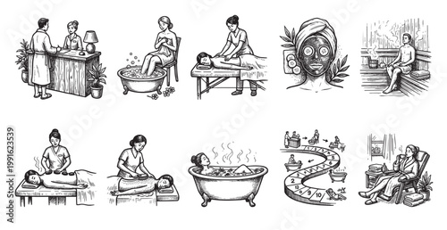 This black and white illustration collection depicts various spa treatments and relaxation activities, including massages, facials, baths, and saunas, ideal for wellness or self-care concepts.