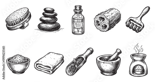 A collection of hand-drawn spa and wellness items including a brush, stones, oil, loofah, roller, towel, herbs, mortar, and diffuser.