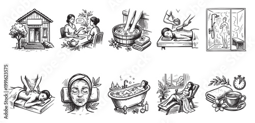 A hand-drawn collection of illustrations showcasing various spa and wellness treatments, including massage, facial, foot soak, bath, and relaxation.