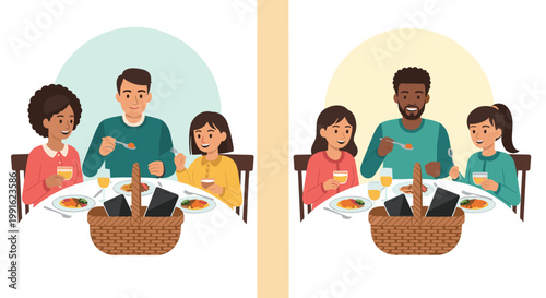 Two diverse families enjoy a healthy dinner together at a round table while their mobile tablets are stored away in a central wicker picnic basket.