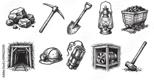 This vintage-style black and white illustration showcases various mining tools and elements like coal, pickaxe, shovel, lantern, cart, mine entrance, hard hat, dynamite, fan, and sledgehammer.