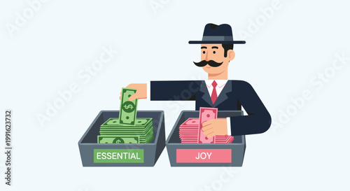 A sophisticated man with a mustache and fedora carefully sorts green and pink banknotes into separate bins labeled for essential needs and joy.