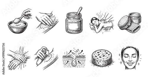 A collection of hand-drawn illustrations depicting spa treatments, skincare, and healthy skin, offering a vintage and artisanal feel for health and beauty content.