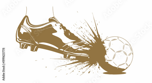 Soccer cleat strikes a ball with powerful force creating a dynamic splash effect in this stylized brown monochrome graphic illustration.