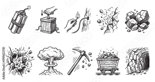 A hand-drawn collection of black and white illustrations depicting dynamite, blasting, mining tools, a mine cart, and a mushroom cloud, representing mining operations and explosions.
