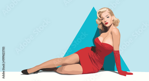 Vintage Pin-Up Woman in Red Dress Reclining Pop Art Vector Illustration