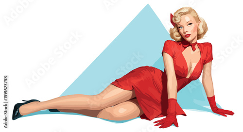 Vintage Pin-Up Woman in Red Dress Reclining Pop Art Vector Illustration