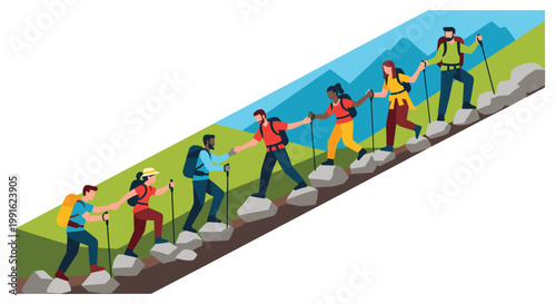 A diverse group of hikers climbs a steep and rocky mountain trail while holding hands to provide support and assistance during the challenging ascent.