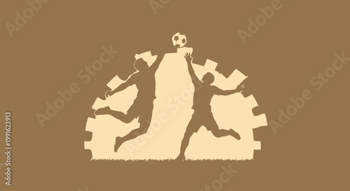 Soccer players silhouettes leap toward a floating ball framed by a gear-shaped industrial background element.