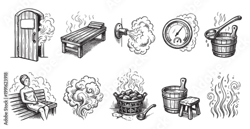 This illustrative set depicts various elements of a traditional sauna experience, including a wooden door, steam, a bench, a thermometer, and buckets of water and stones.