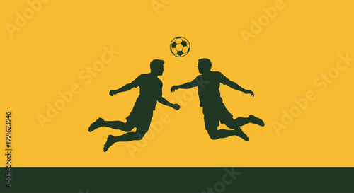 Soccer players silhouettes leap into the air to compete for a header against a vibrant yellow background.