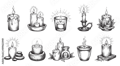 A black and white sketch of ten different candles and related items, including spa stones and aromatherapy diffusers, perfect for relaxation and wellness themes.