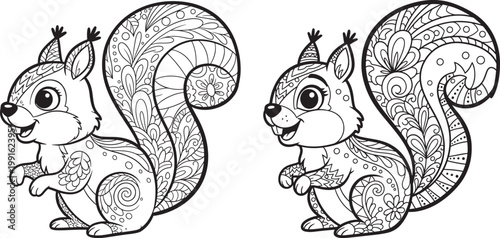 Two cartoon squirrels with ornate patterned fur and fluffy tails line art tree dweller nut collector animal drawing white background cute animal baby animal sticker art hand drawn squirrel