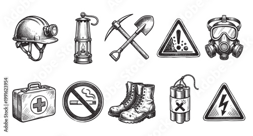 A collection of vintage-style illustrations depicting essential mining safety gear and warning signs, perfect for illustrating hazardous professions or industrial themes.