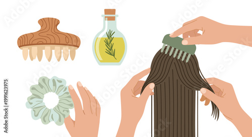 Various hands demonstrate essential hair care routines including scalp massage with a wooden brush, applying rosemary oil, and gentle combing of hair.