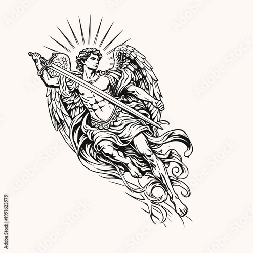 illustration of angel michael carrying a sword black and white art . vector graphic illustration art