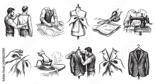 This illustration depicts various stages of custom tailoring, from measuring a client to finishing a suit with a hand-sewn button, in a classic black and white sketch style.