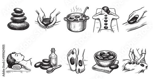 Collection of black and white line art illustrations depicting various aspects of hot stone massage therapy, including stacked stones, oil, and spa treatments.