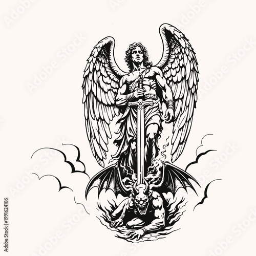 illustration of Archangel Michael thrusts his sword into the devil.  black and white art . vector graphic illustration art