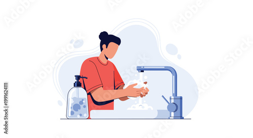 A person with dark hair tied in a bun carefully washes their hands with soap at a modern white sink featuring a sleek blue faucet and soap dispenser.