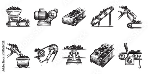 A collection of hand-drawn sketches depicts various stages of coal mining and transportation using conveyor belts and machinery in a black and white line art style.