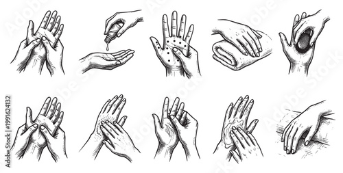 This vintage-style black and white illustration set depicts various hand massage techniques, acupressure points, and product application for wellness and beauty.
