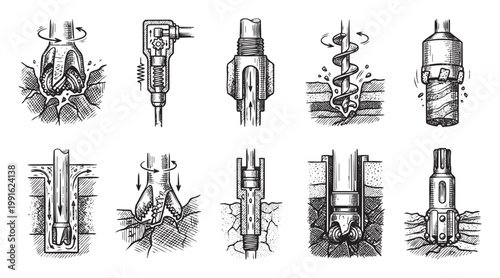 Black and white illustration of various drilling bits and tools in action, showing their mechanics and how they penetrate earth and rock.