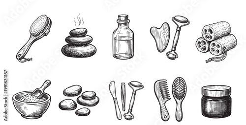 A collection of hand-drawn black and white illustrations featuring various spa and beauty tools including massage stones, oil bottle, gua sha, jade roller, loofah, scrub bowl, comb, and cream jar.