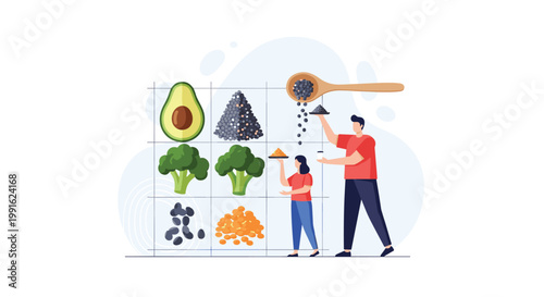 A man and a young girl work together to organize various healthy food items like avocado and broccoli into a structured grid for nutritional planning.