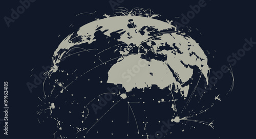 Globe illustration displays interconnected networks and global communication pathways spanning across the continents on a dark background.