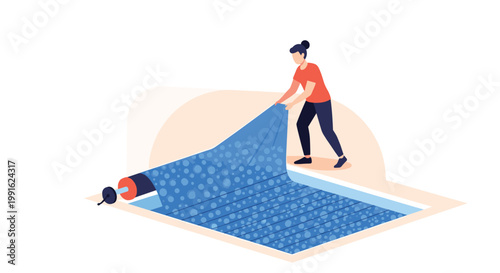 A diligent woman carefully pulls a blue bubble-textured safety cover over a rectangular swimming pool in a minimalist outdoor setting during the day.