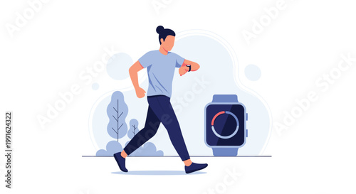 A modern man walks briskly outdoors while monitoring his fitness progress on a sleek smartwatch synced with a large interface in a pristine landscape.