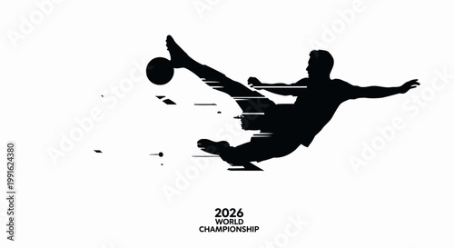 Soccer player silhouette executes a dynamic bicycle kick with a motion trail effect against a clean white background, representing the excitement of the 2026 world championship tournament.