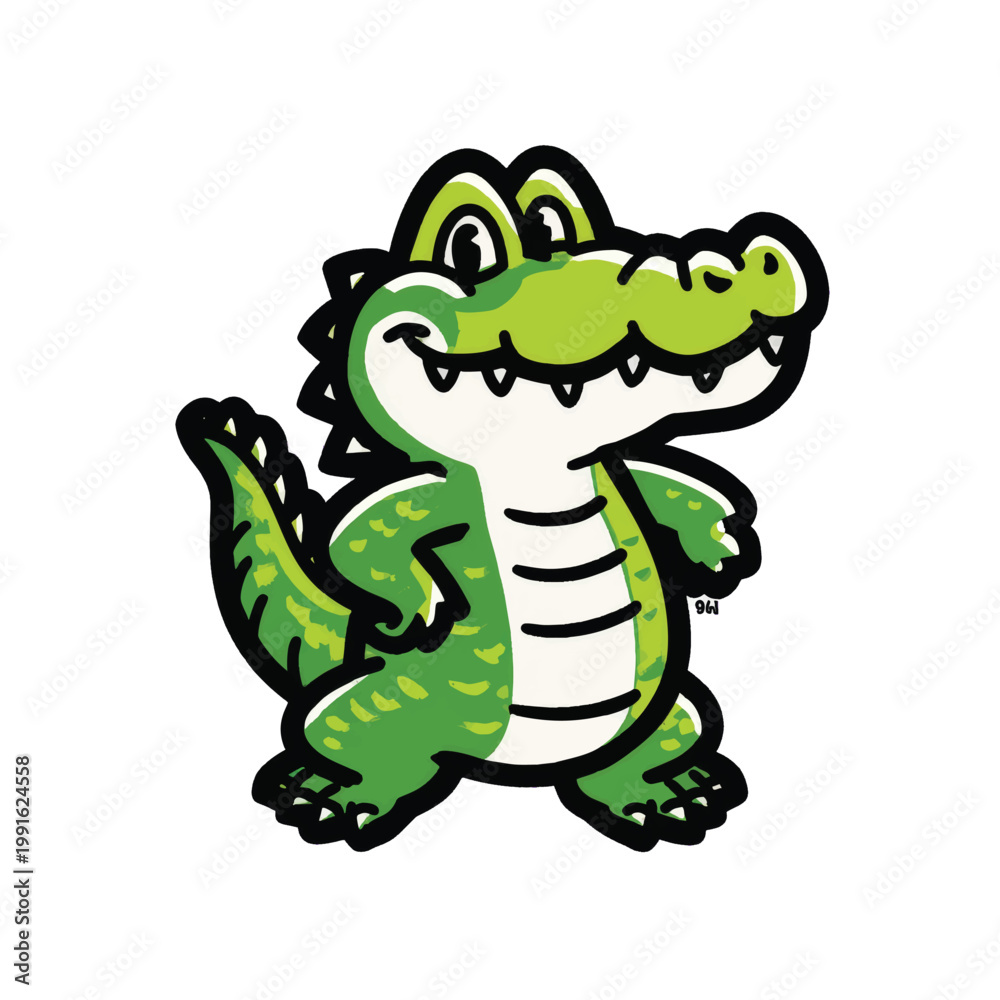 Fototapeta premium Cartoon green crocodile character smiling.
