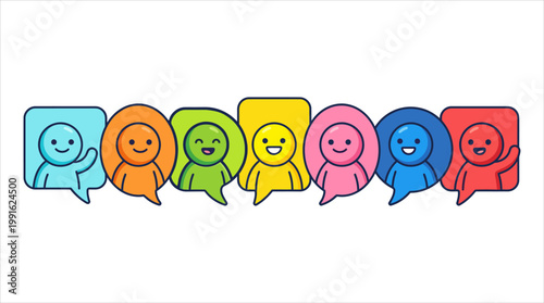 Diverse group of cartoon people in speech bubbles communicating together