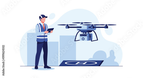 A logistics operator in a safety vest controls a large industrial delivery drone hovering over a marked helipad landing zone in a modern urban area.