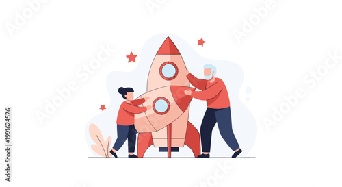 A grandfather and his young granddaughter work together to assemble a large red and white toy rocket ship for play in a whimsical and starry setting.