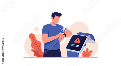 A concerned man checks a critical health alert notification on his smartwatch while standing in a minimalist, warm-toned environment with soft light.