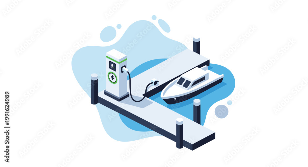 Fototapeta premium A modern white electric motorboat is docked at a grey wooden pier while connected to a specialized green and white charging station in deep blue water.