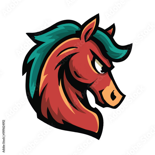 Cartoon horse head with green mane.