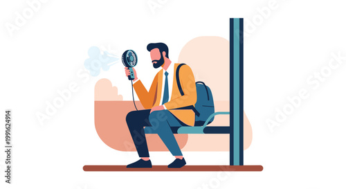 A bearded man wearing a yellow jacket and blue pants sits on a public bus seat while using a handheld portable fan to stay cool during a hot urban commute.
