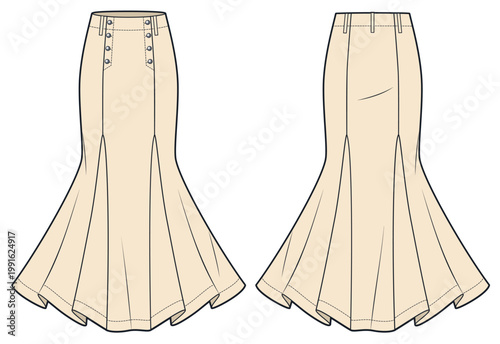 Women Mermaid Maxi Skirt Fashion Flat Technical Drawing Template Featuring Button Detail High Waist Flared Hem and Front Back Views
