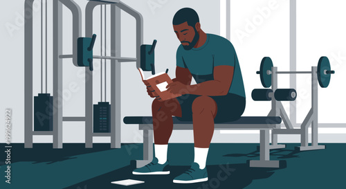 A muscular man in a teal t-shirt sits on a weightlifting bench inside a gym while taking a quiet break to read a book amidst various exercise equipment.