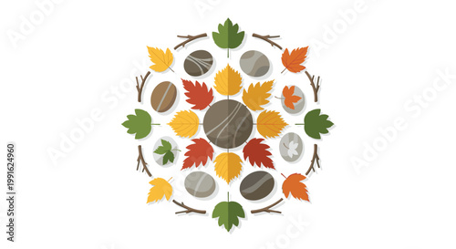 A beautiful and meticulous circular mandala arrangement featuring vibrant autumn leaves, smooth grey river stones, and rustic brown twigs on a pristine white background.