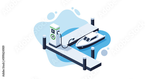 A modern white electric motorboat is docked at a grey wooden pier while connected to a specialized green and white charging station in deep blue water.