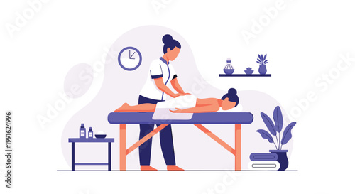 A professional female massage therapist in a white uniform provides a relaxing back treatment to a client lying on a purple massage table in a spa.