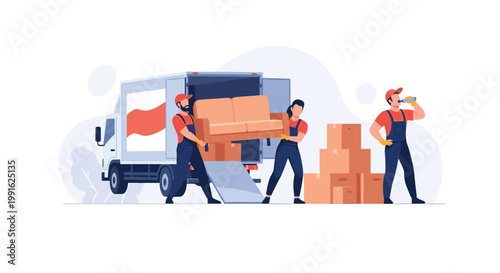 A team of professional movers in red shirts and blue overalls work together to load a tan sofa into a white delivery truck while one worker drinks water.