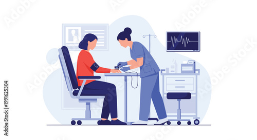 A skilled nurse in blue scrubs uses a digital pulse oximeter to monitor the oxygen levels of a patient seated in a clinic with a bright and airy blue color scheme.