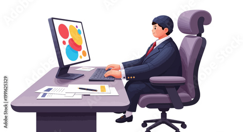 A young boy dressed in a suit sits at an office desk during Take Our Daughters and Sons to Work Day, using a computer with colorful screen, presented against a clean white background