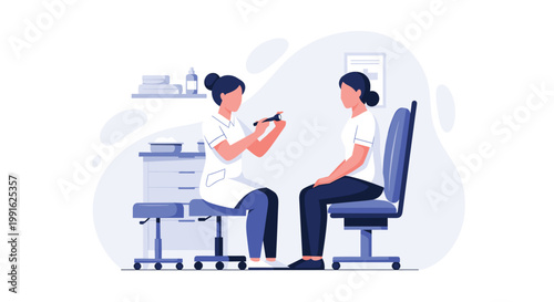 A professional female doctor in a white coat uses a handheld diagnostic light to examine the eyes of a patient in a modern medical office with soft blue lighting.